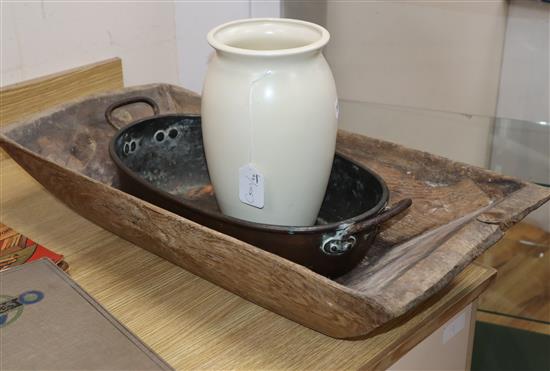 A wooden trough, a brass two handled pot and a cream glazed vase